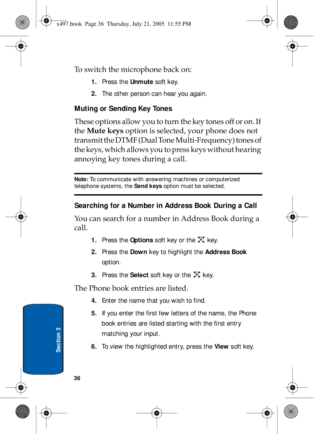 Samsung SGH-x497 manual Muting or Sending Key Tones, Searching for a Number in Address Book During a Call 