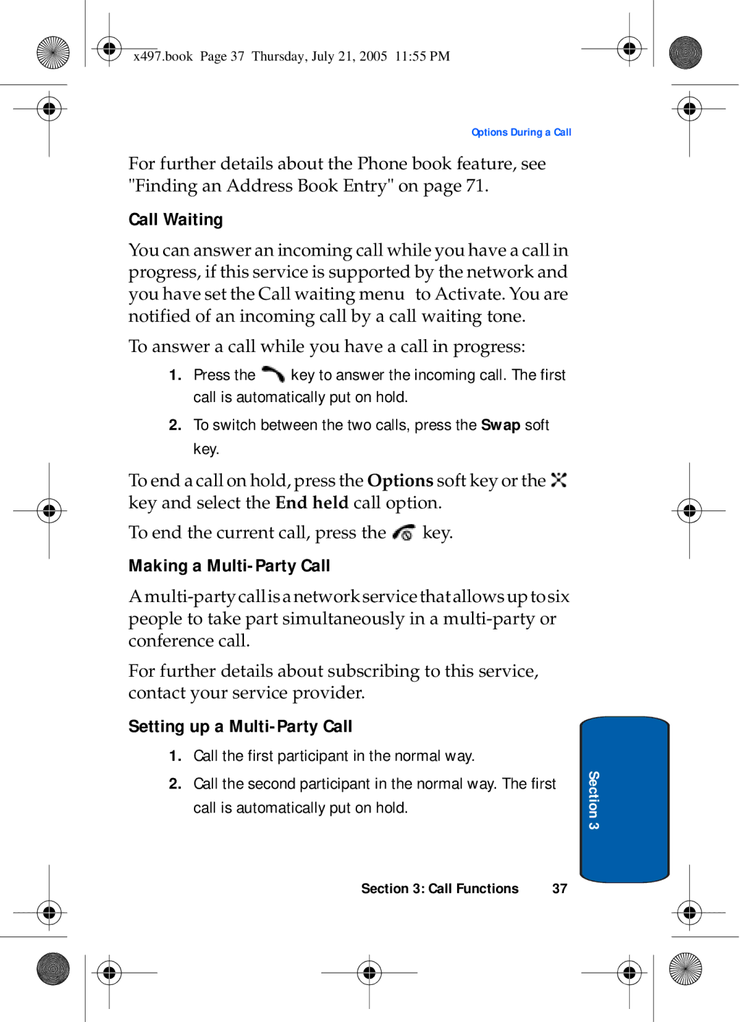 Samsung SGH-x497 manual Call Waiting, Making a Multi-Party Call, Setting up a Multi-Party Call 