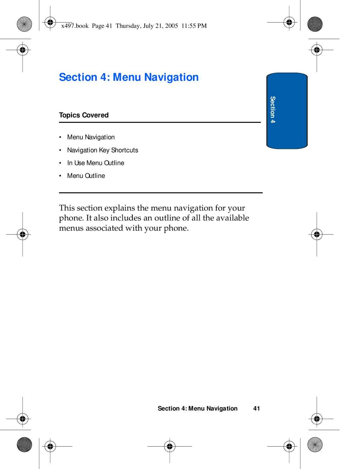 Samsung SGH-x497 manual Menu Navigation, Topics Covered 