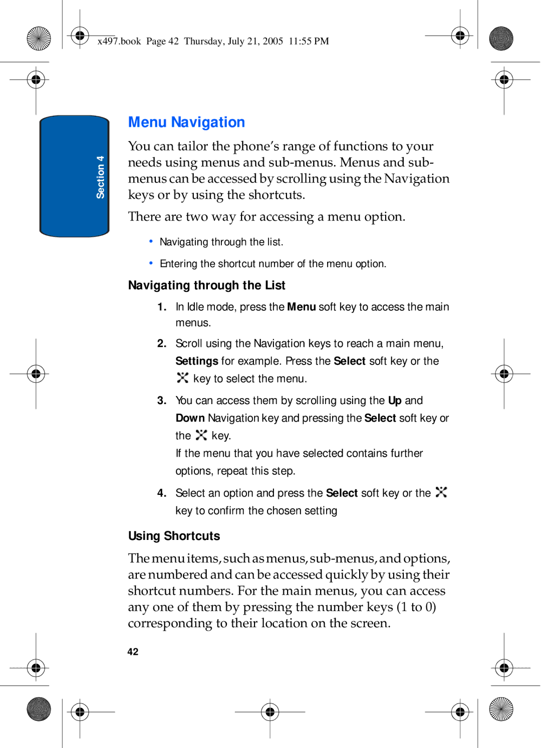 Samsung SGH-x497 manual Menu Navigation, Navigating through the List, Using Shortcuts 