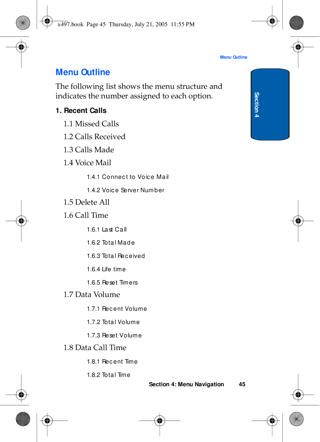 Samsung SGH-x497 manual Menu Outline, Recent Calls 