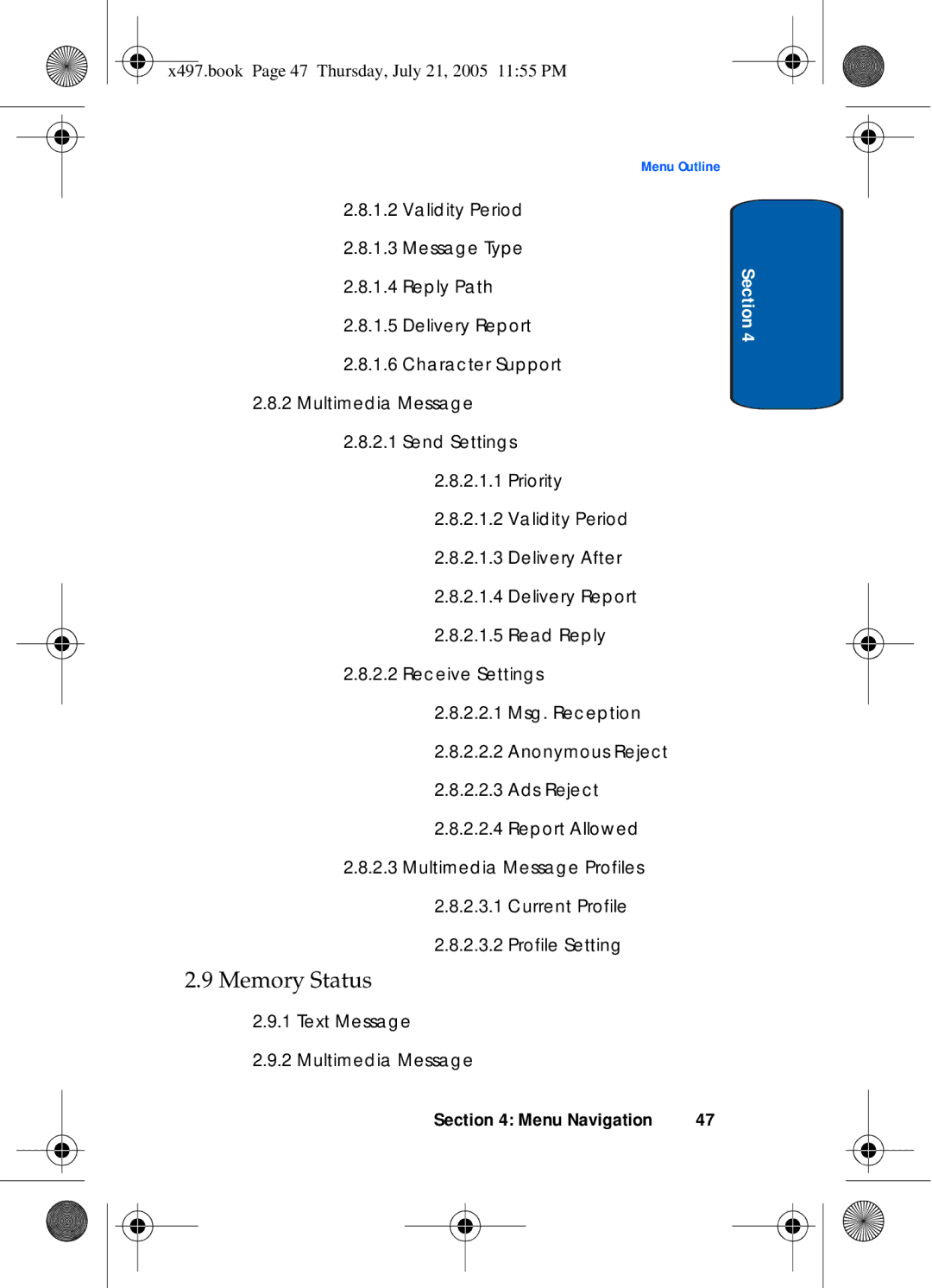 Samsung SGH-x497 manual Memory Status 