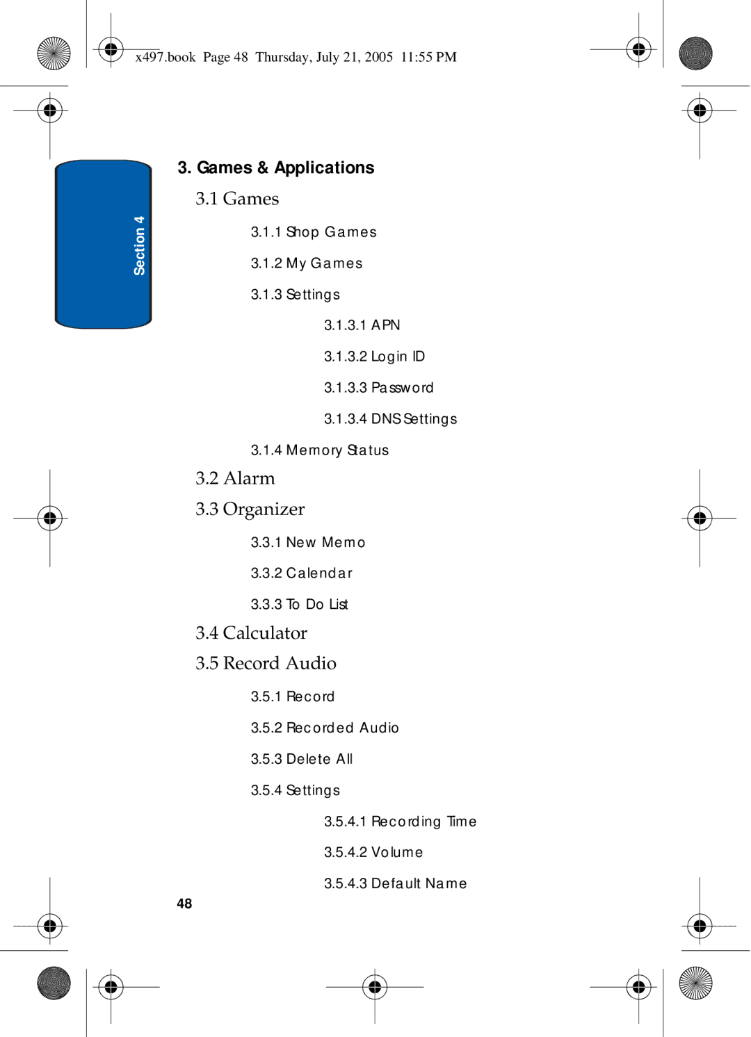 Samsung SGH-x497 manual Games & Applications, Calculator Record Audio 