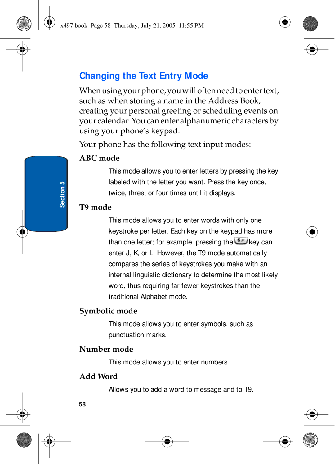 Samsung SGH-x497 manual Changing the Text Entry Mode, This mode allows you to enter numbers 