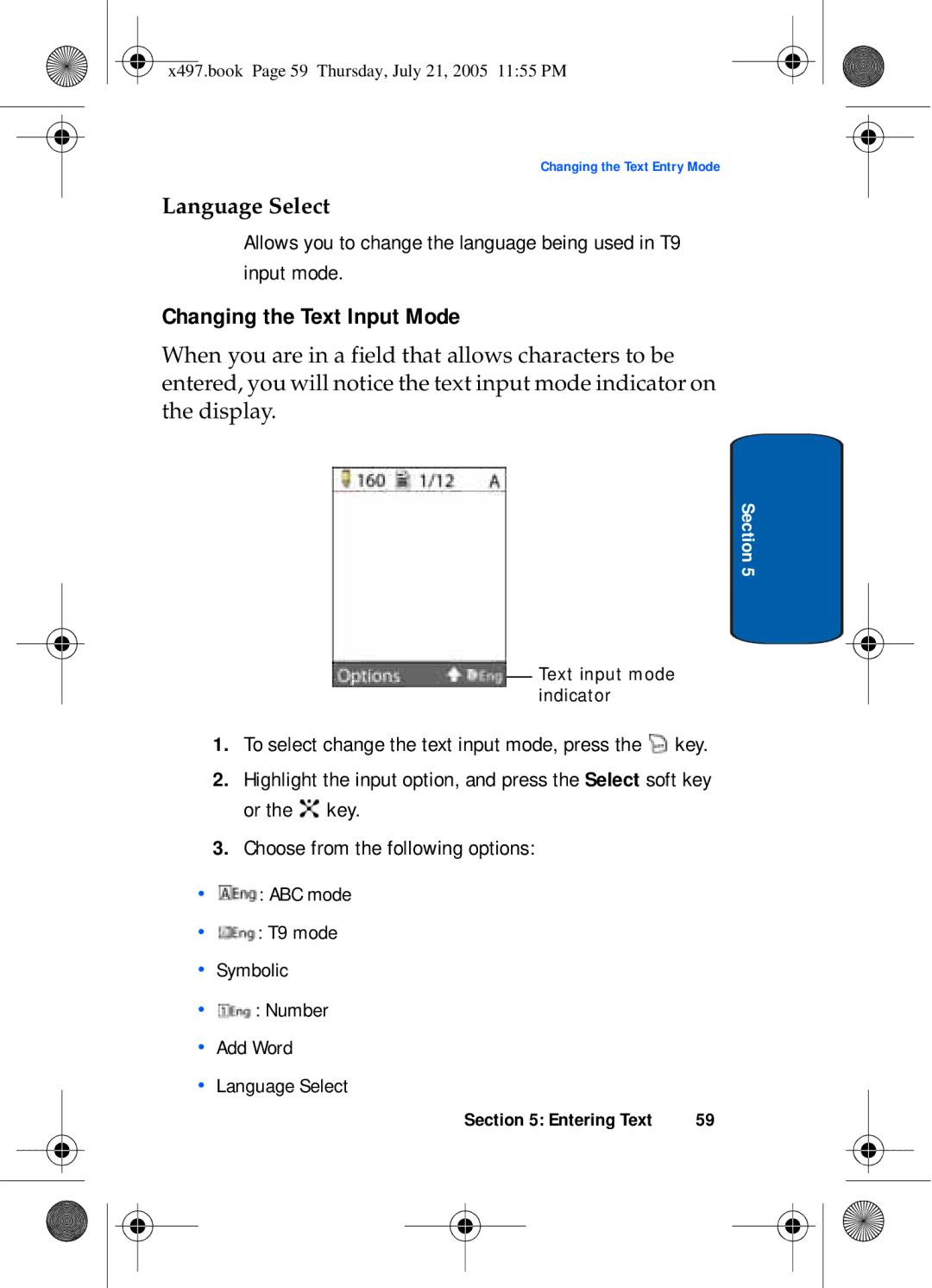 Samsung SGH-x497 manual Changing the Text Input Mode 