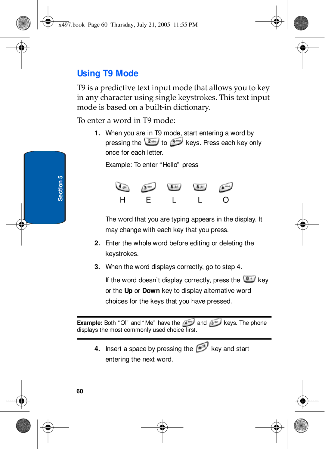 Samsung SGH-x497 manual Using T9 Mode, L L O 