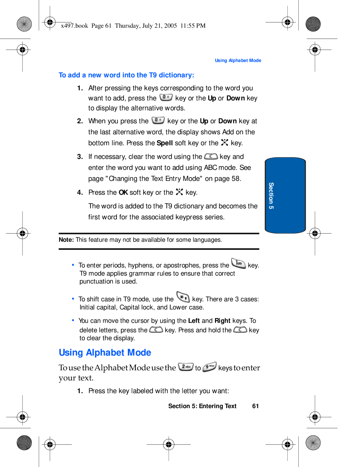 Samsung SGH-x497 manual Using Alphabet Mode, To add a new word into the T9 dictionary, Press the OK soft key or the key 