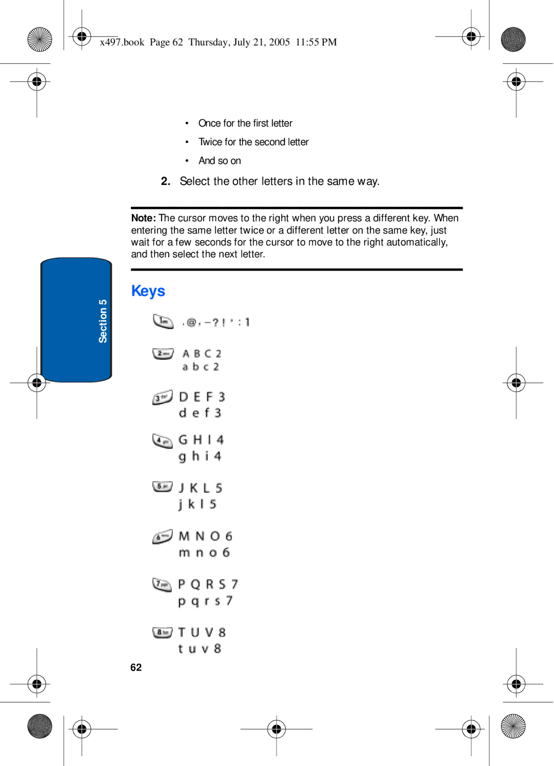 Samsung SGH-x497 manual Keys, Select the other letters in the same way 