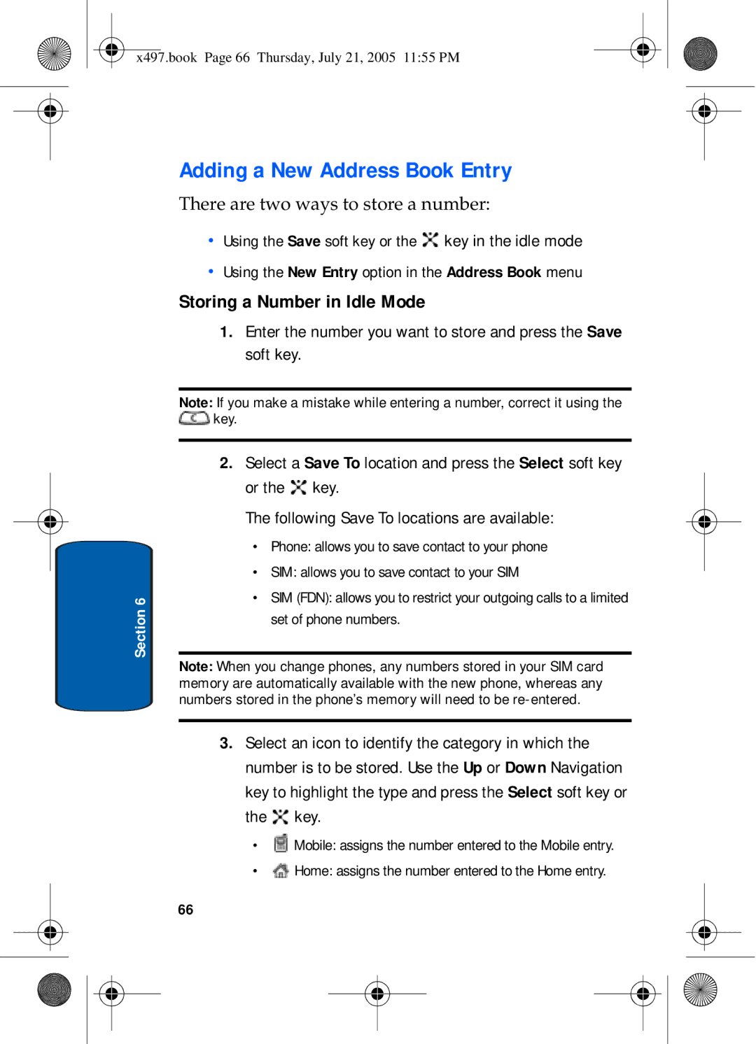 Samsung SGH-x497 manual Adding a New Address Book Entry, Storing a Number in Idle Mode 