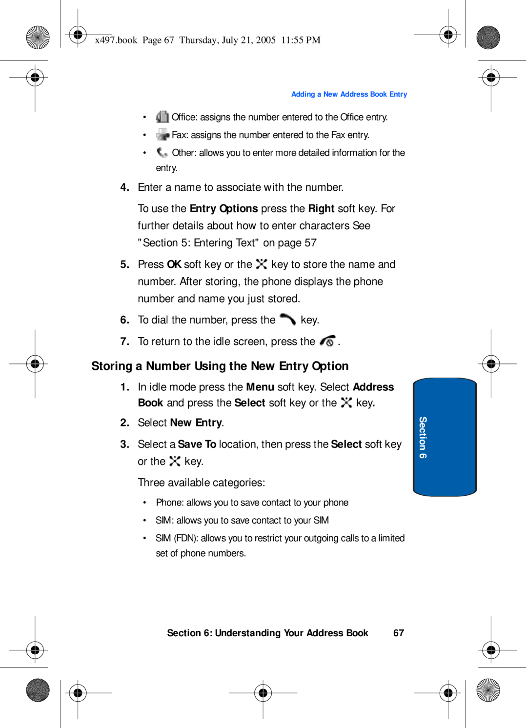 Samsung SGH-x497 Storing a Number Using the New Entry Option, Enter a name to associate with the number, Select New Entry 