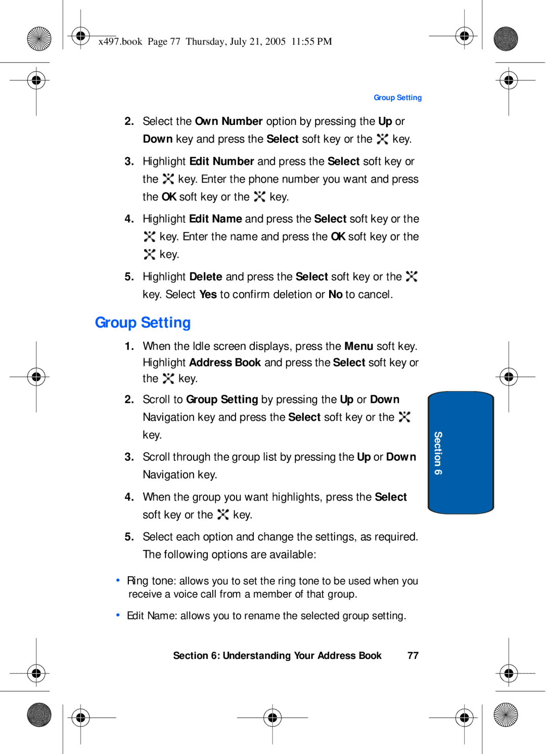 Samsung SGH-x497 manual Group Setting, Key 