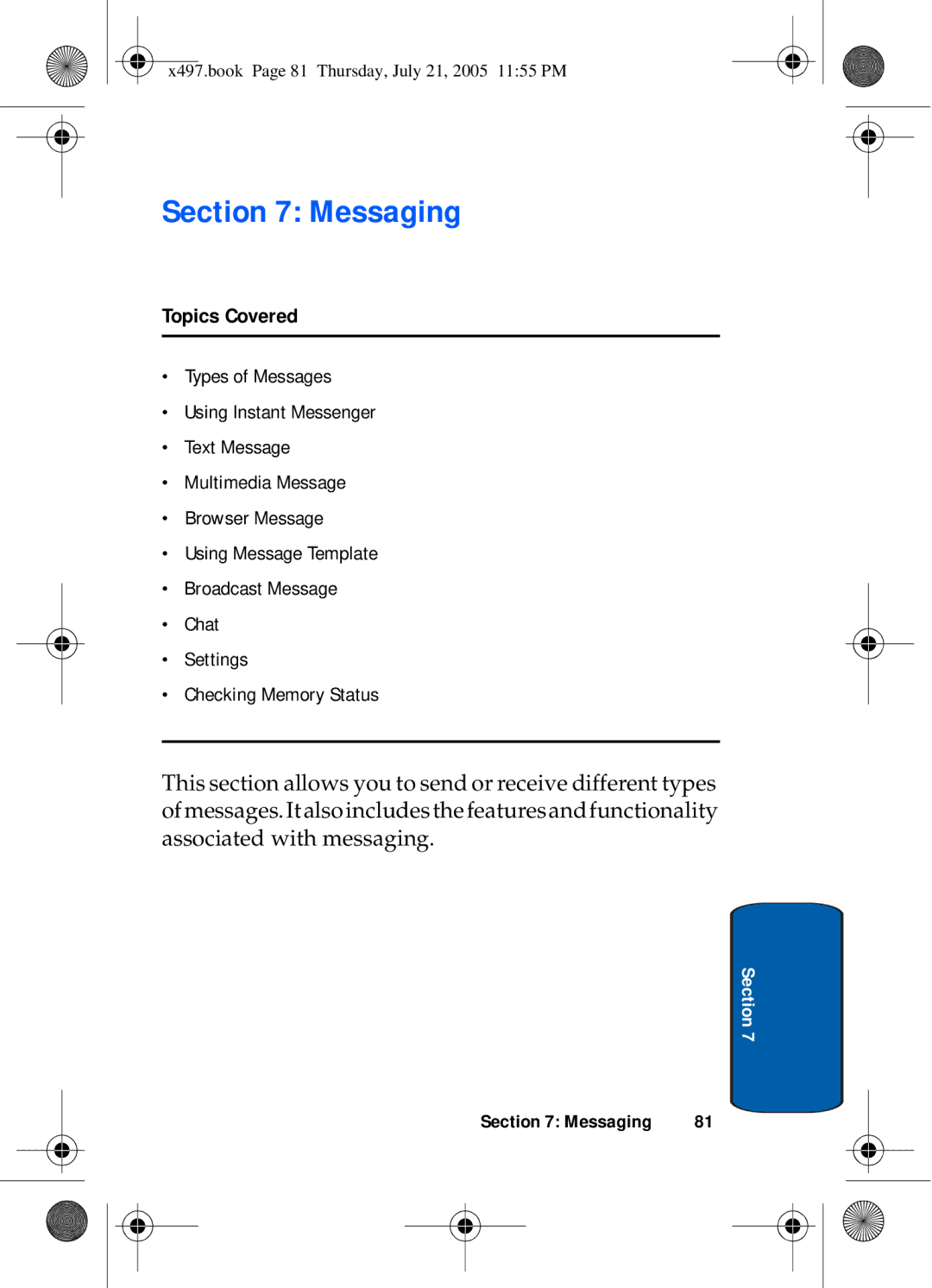 Samsung SGH-x497 manual Messaging, Topics Covered 