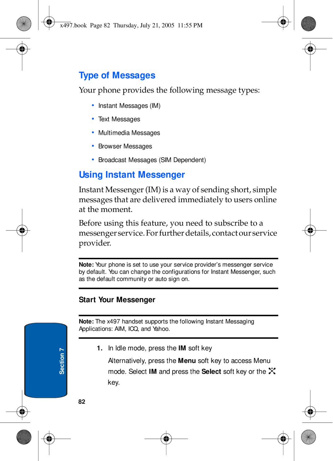 Samsung SGH-x497 manual Type of Messages, Using Instant Messenger, Start Your Messenger 