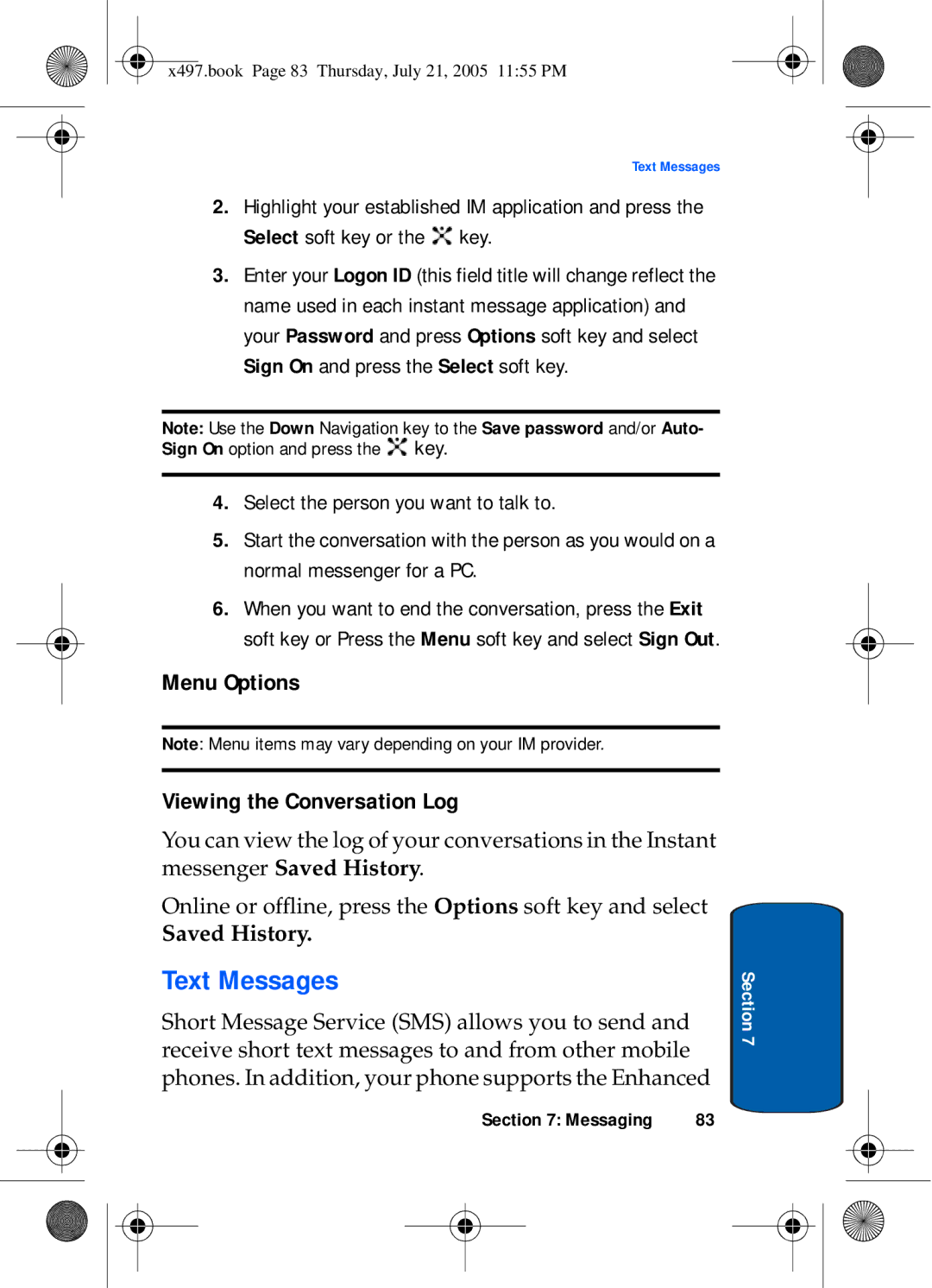 Samsung SGH-x497 manual Text Messages, Menu Options Viewing the Conversation Log 