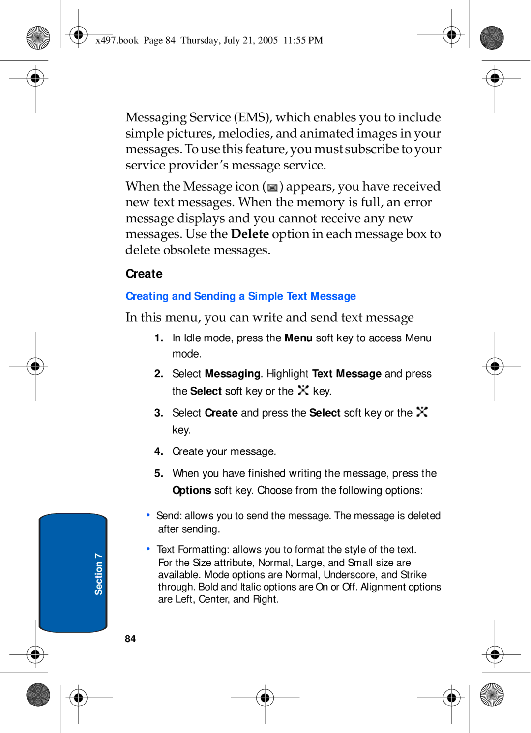 Samsung SGH-x497 manual Create, Creating and Sending a Simple Text Message 