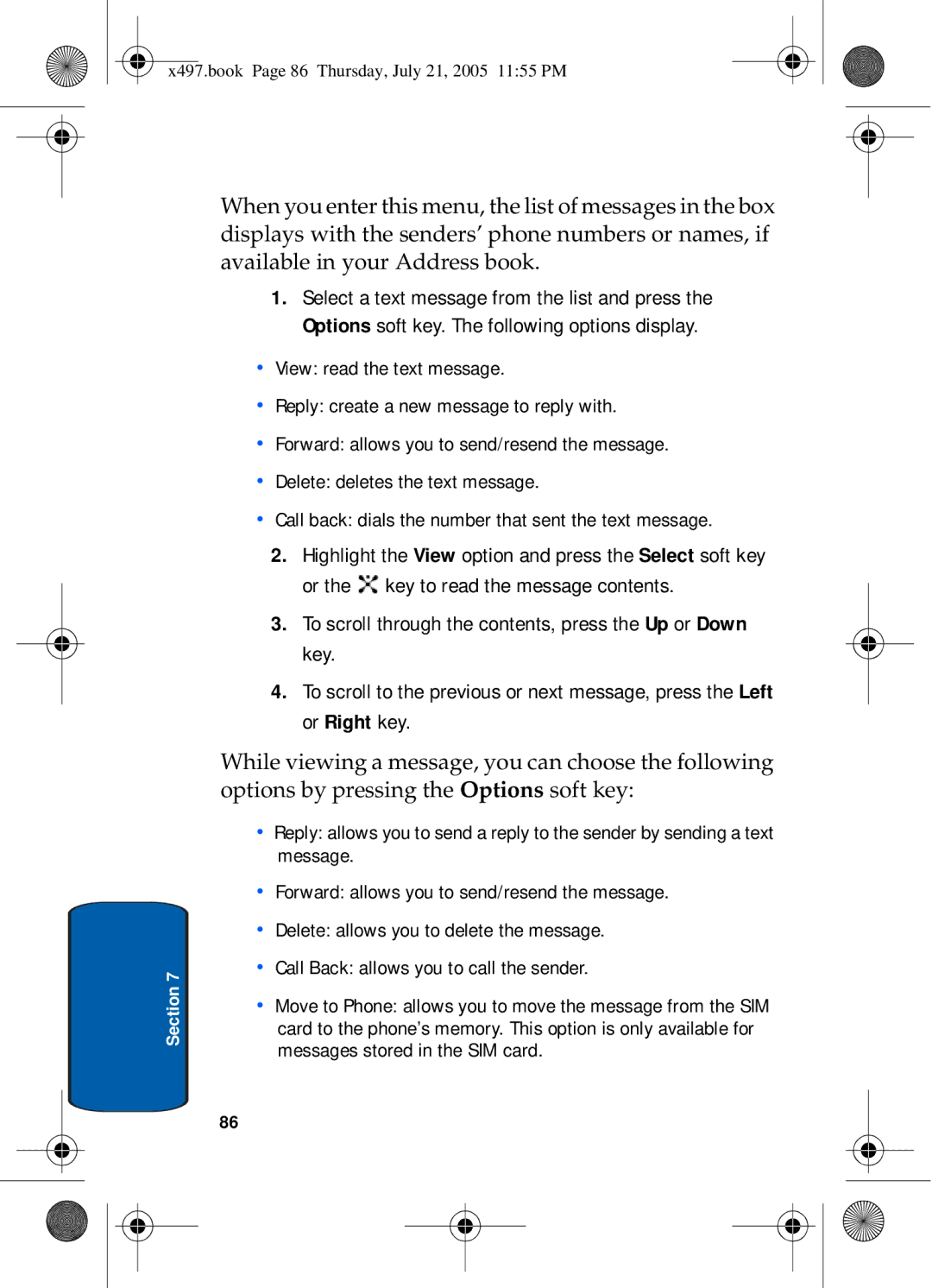 Samsung SGH-x497 manual X497.book Page 86 Thursday, July 21, 2005 1155 PM 