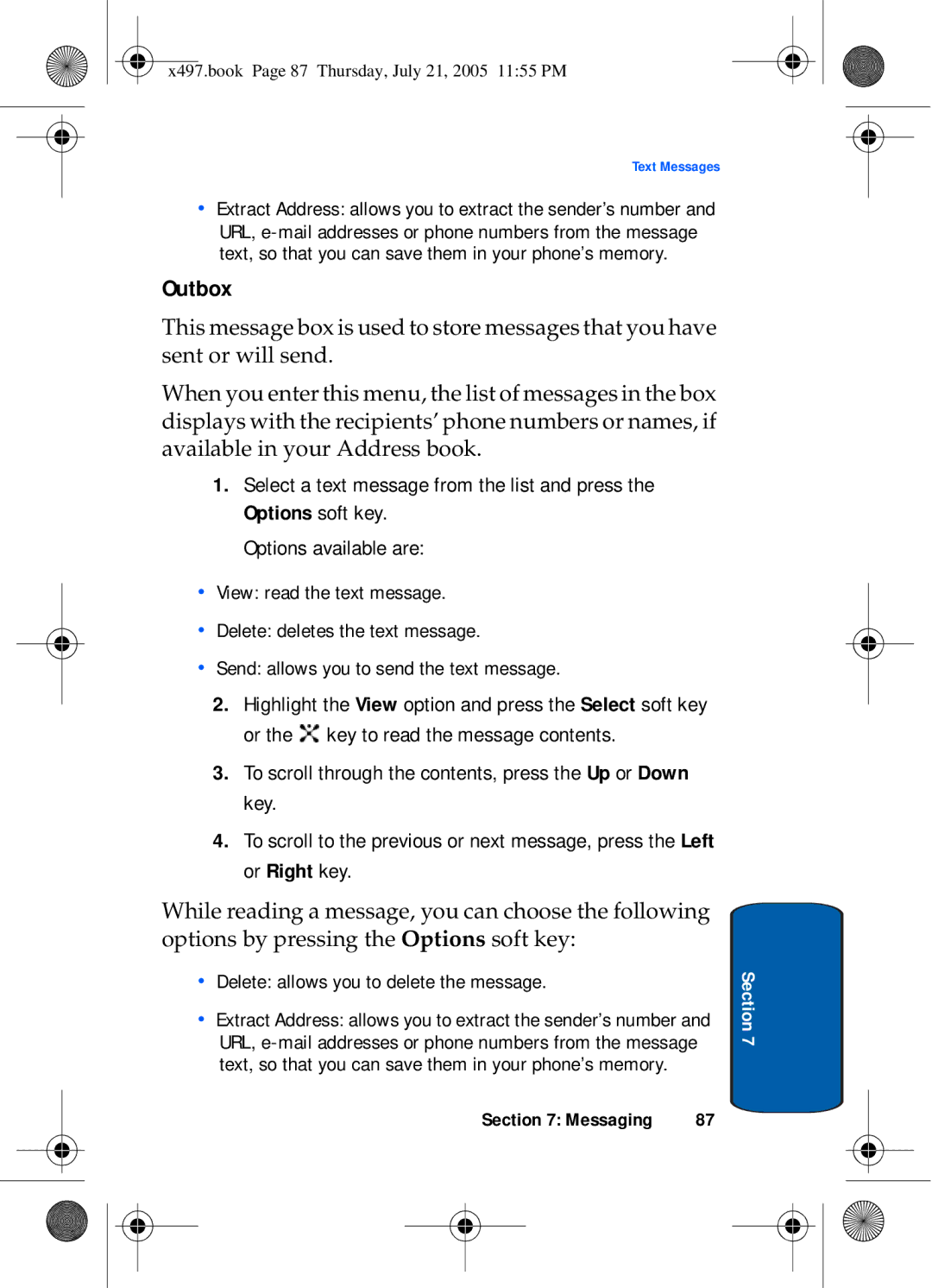 Samsung SGH-x497 manual Outbox, X497.book Page 87 Thursday, July 21, 2005 1155 PM 