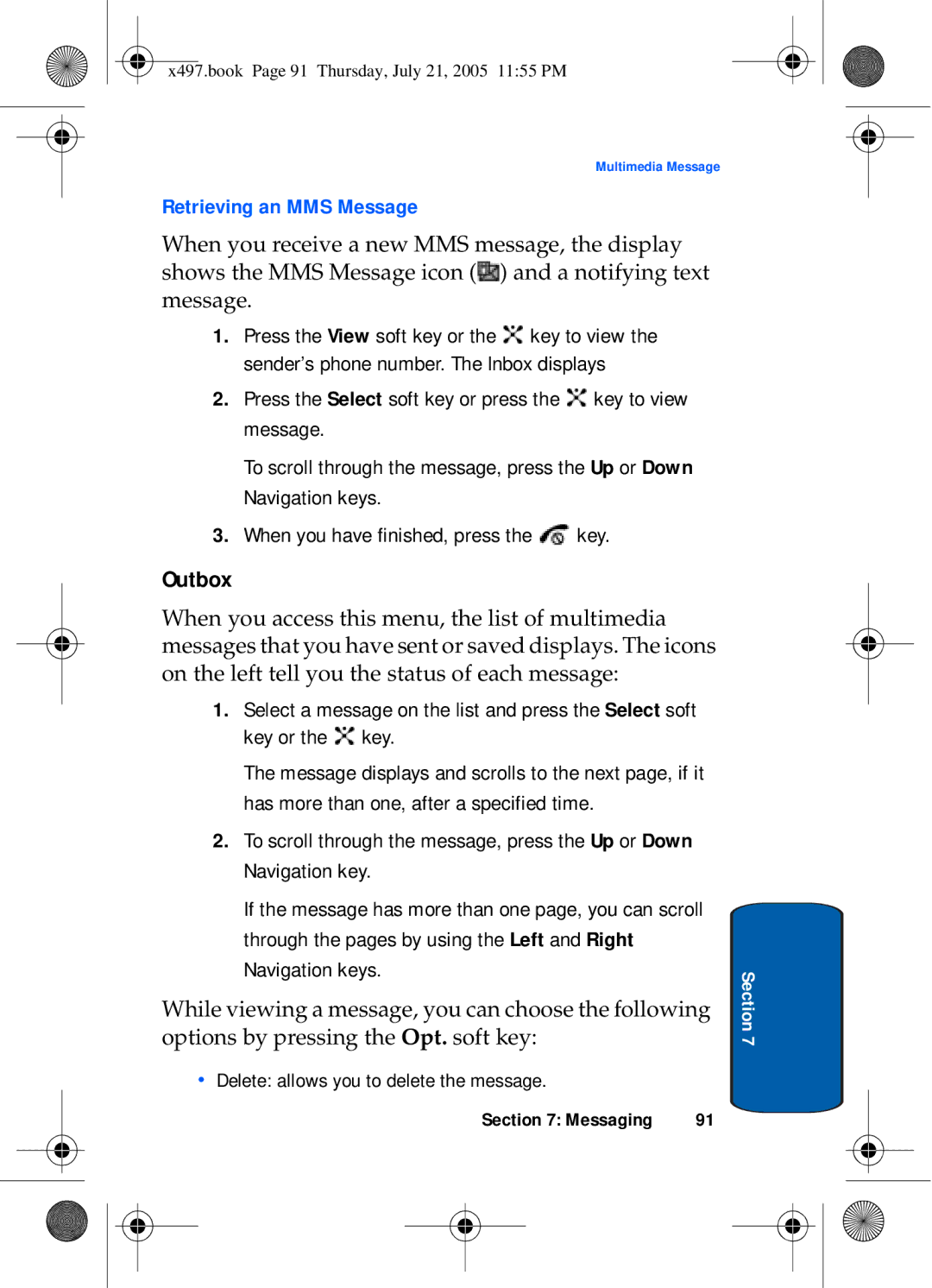 Samsung SGH-x497 manual Outbox, Retrieving an MMS Message 