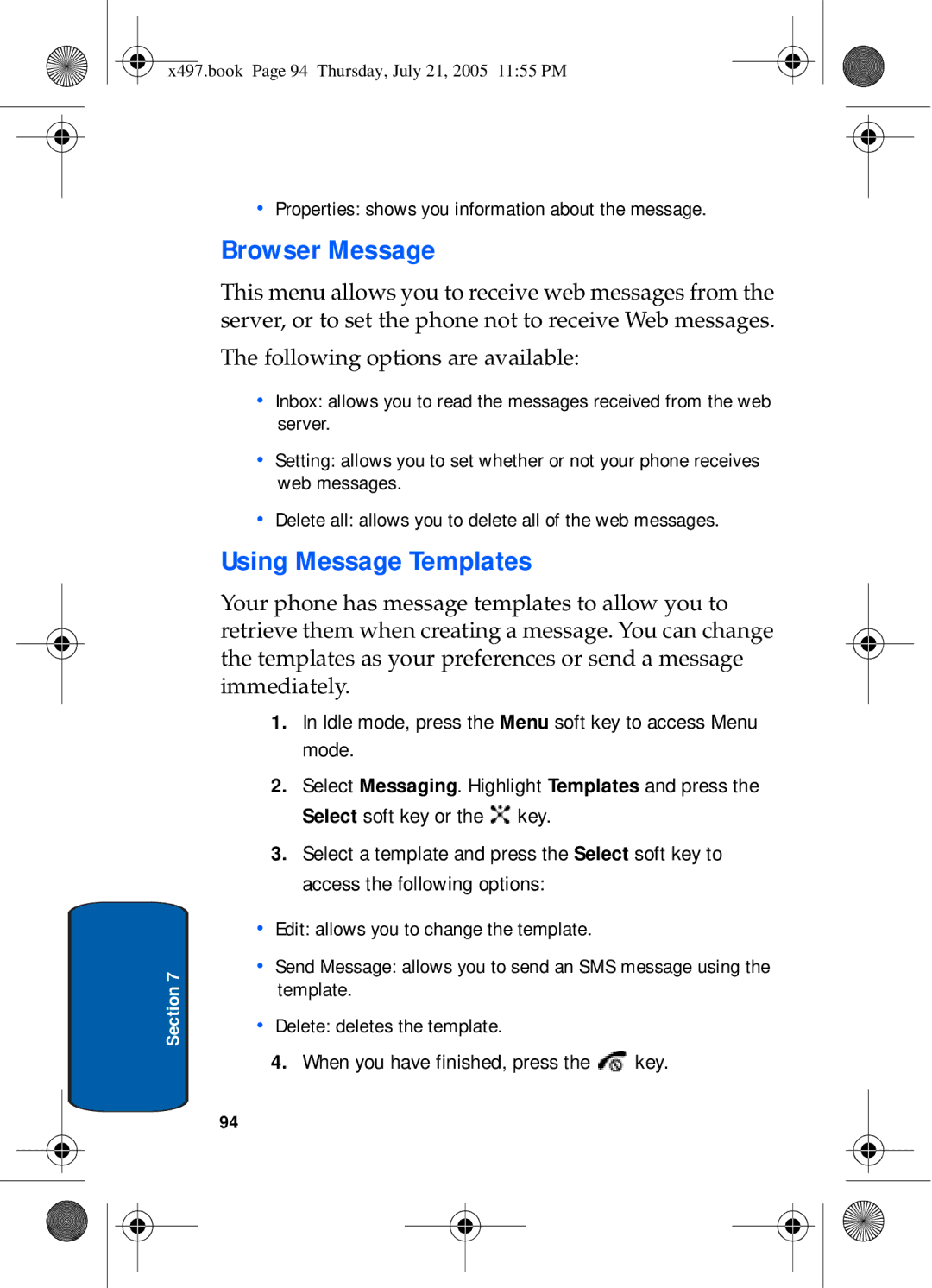 Samsung SGH-x497 manual Browser Message, Using Message Templates 