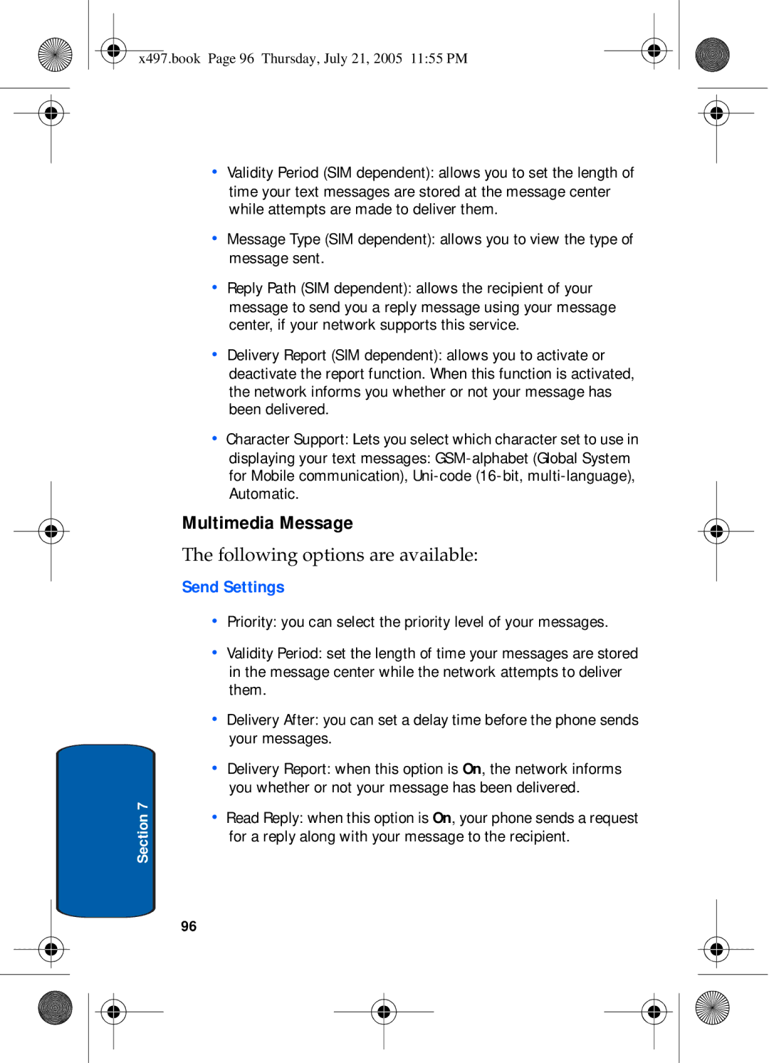 Samsung SGH-x497 manual Multimedia Message, Send Settings 