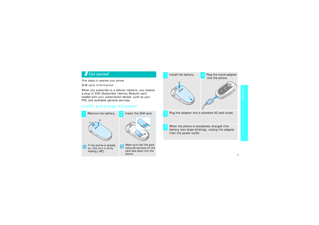 Samsung SGH-X640 manual Get started, Install and charge the phone, SIM card information, Into the phone 