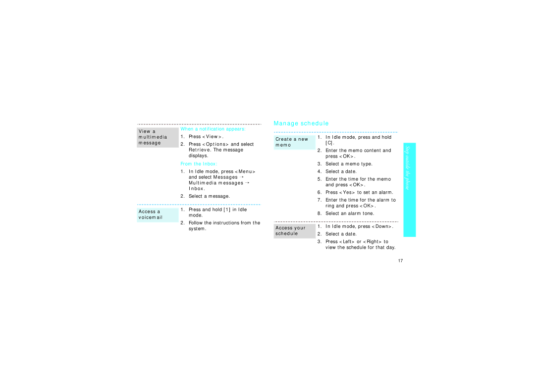 Samsung SGH-X640 manual Manage schedule, Create a new memo 