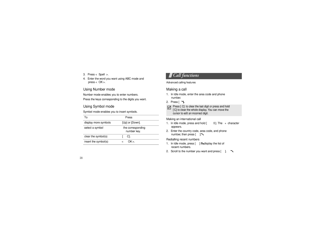 Samsung SGH-X640 manual Call functions, Press, Making an international call, Redialling recent numbers 