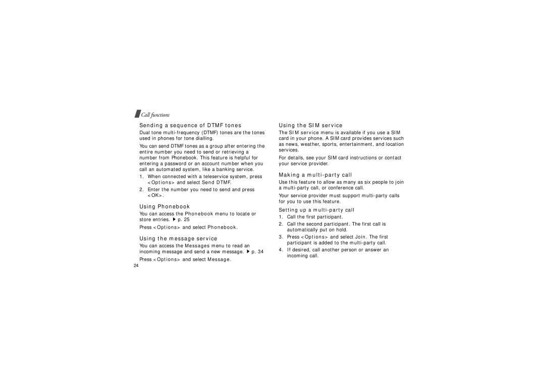 Samsung SGH-X640 manual Sending a sequence of Dtmf tones, Using Phonebook, Using the message service, Using the SIM service 