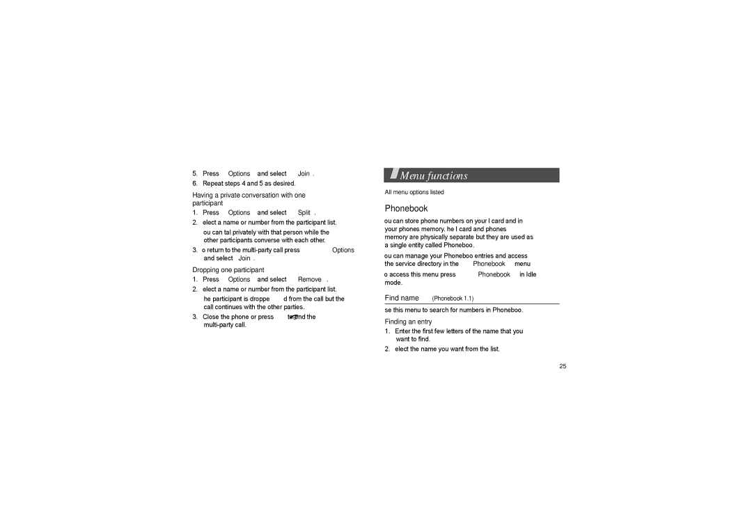 Samsung SGH-X640 Menu functions, Phonebook, Having a private conversation with one participant, Dropping one participant 