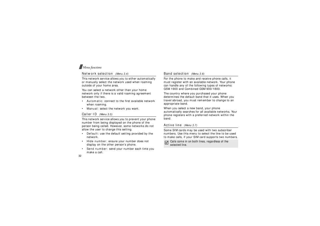 Samsung SGH-X640 manual Network selection Menu, Caller ID Menu, Band selection Menu, Active line Menu 