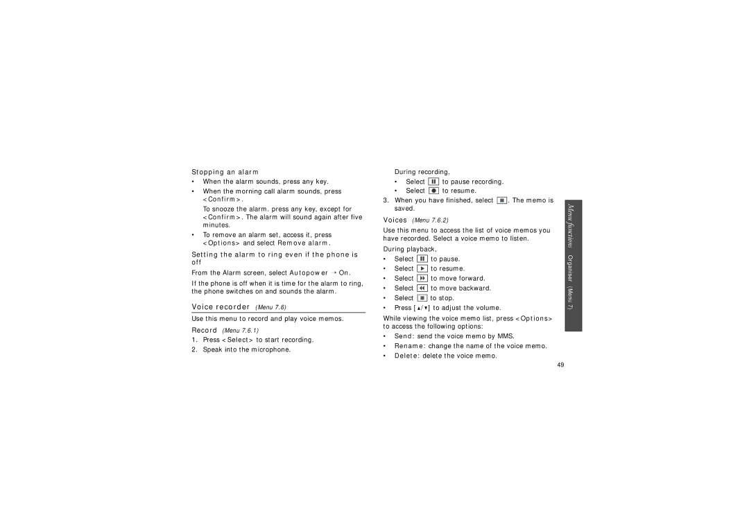 Samsung SGH-X640 manual Voice recorder Menu, Stopping an alarm, Setting the alarm to ring even if the phone is off 