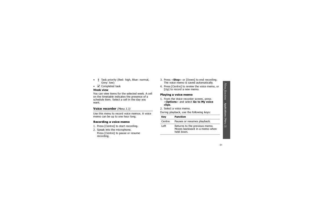 Samsung SGH-X830 manual Voice recorder Menu, Recording a voice memo, Playing a voice memo, Week view 