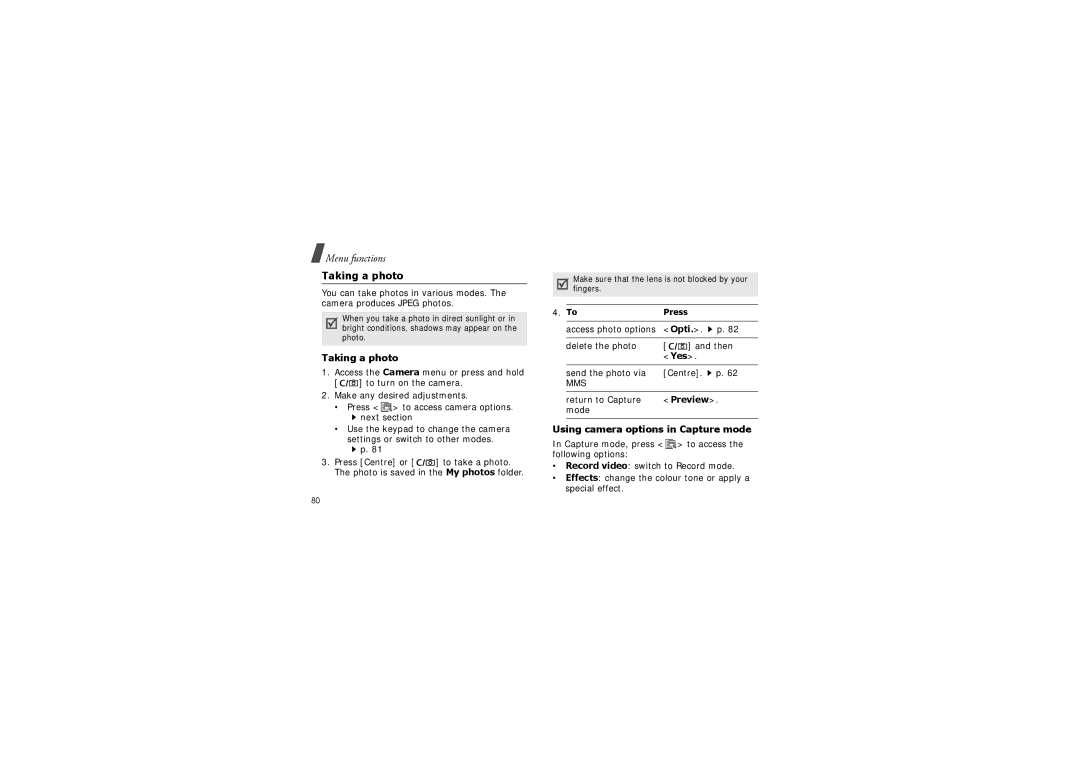 Samsung SGH-X830 manual Taking a photo, Using camera options in Capture mode, Opti, Preview 