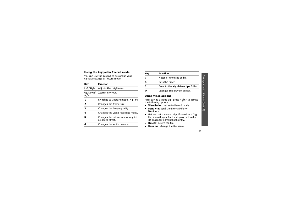 Samsung SGH-X830 manual Using the keypad in Record mode, Using video options 