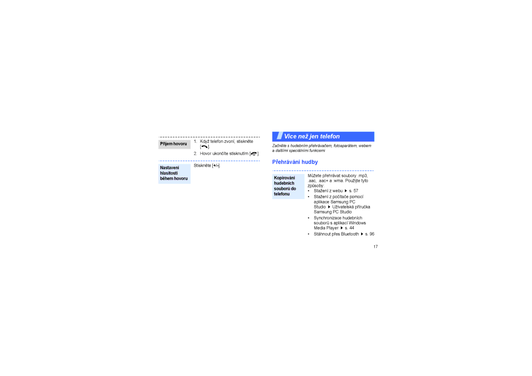 Samsung SGH-X830LGAKBN, SGH-X830CIAKBN manual Více než jen telefon, Přehrávání hudby, Nastavení, Hlasitosti, Kopírování 