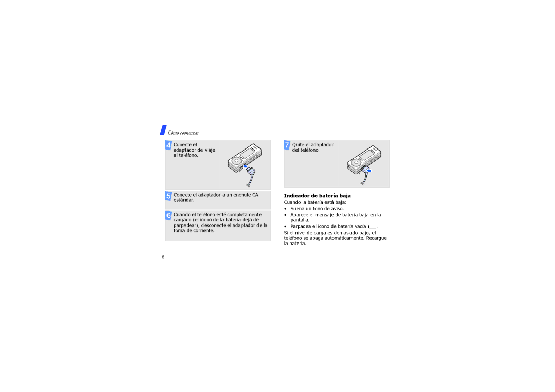 Samsung SGH-X830ZOAAMN, SGH-X830UWAAMN, SGH-X830UWAXEC, SGH-X830UWAFOP manual Cómo comenzar, Indicador de batería baja 