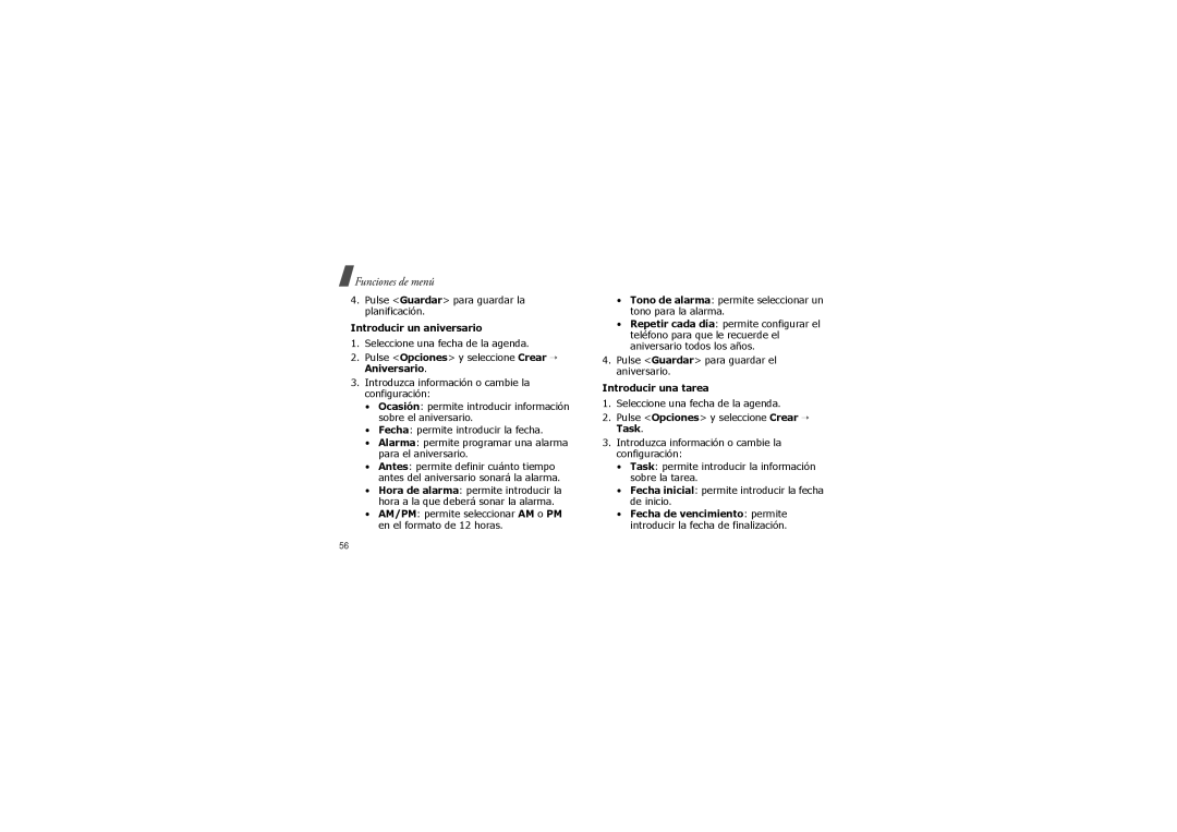 Samsung SGH-X830LGAXEC manual Pulse Guardar para guardar la planificación, Introducir un aniversario, Introducir una tarea 