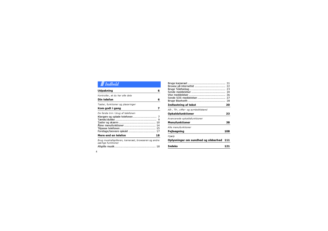 Samsung SGH-X830ZKAXEE, SGH-X830UWAODK manual Indtastning af tekst, Opkaldsfunktioner, Menufunktioner, Fejlsøgning 108 