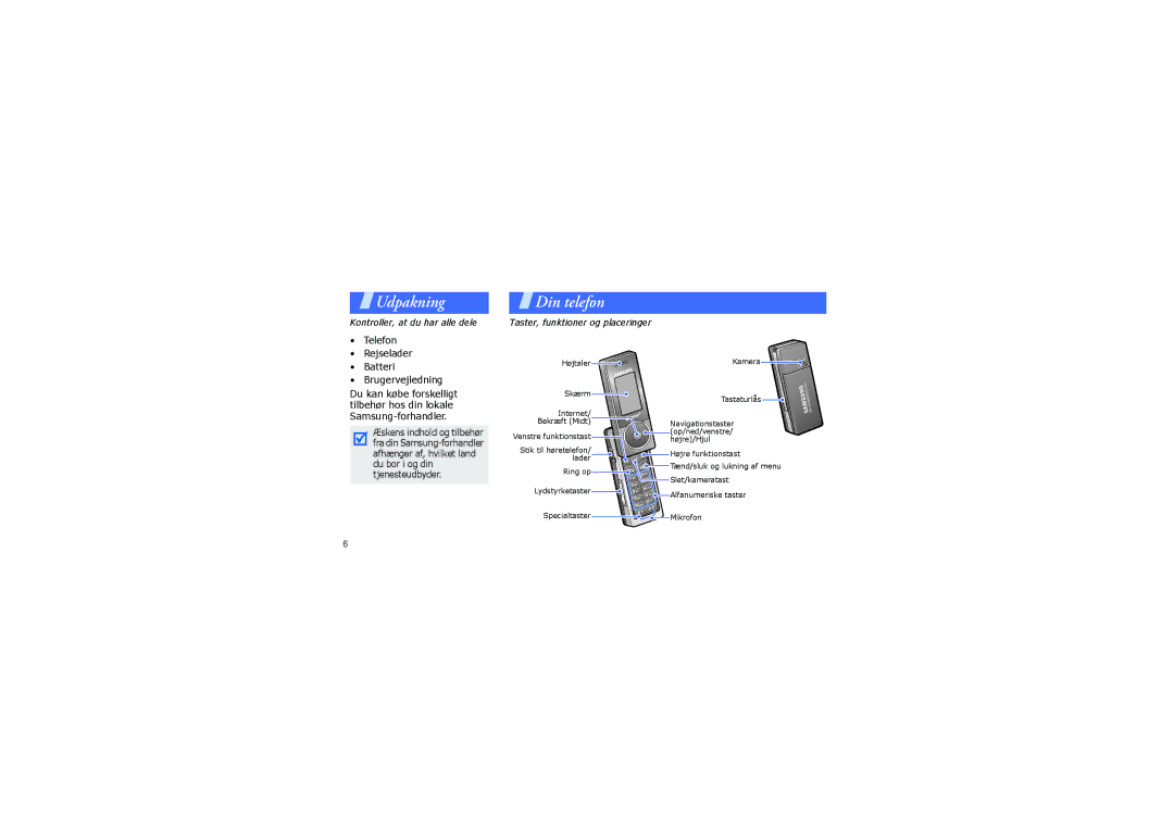 Samsung SGH-X830ZOAXEE, SGH-X830UWAODK, SGH-X830CIAODK manual Udpakning, Telefon Rejselader Batteri Brugervejledning 