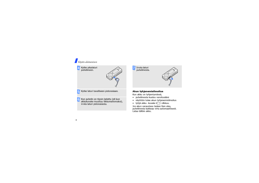 Samsung SGH-X830CIAODK, SGH-X830UWAODK, SGH-X830CIATDC manual Akun tyhjenemisilmoitus, Kytke laturi tavalliseen pistorasiaan 