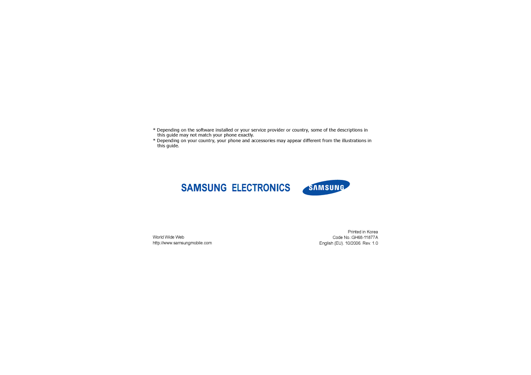 Samsung SGH-X830UWAAMN, SGH-X830UWAXEF, SGH-X830JBABOG, SGH-X830JBAXEF, SGH-X830ZKAXEF World Wide Web Code No.GH68-11877A 