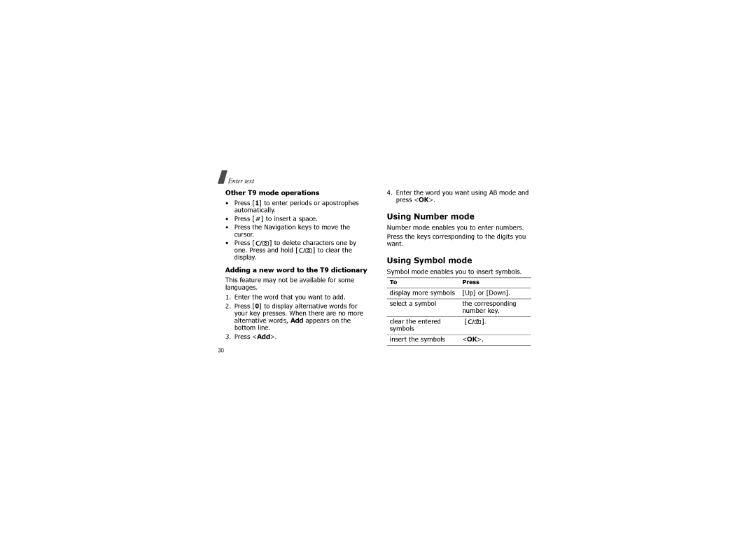 Samsung SGH-X830LGAFOP, SGH-X830UWAXEF, SGH-X830JBABOG manual Using Number mode, Using Symbol mode, Other T9 mode operations 