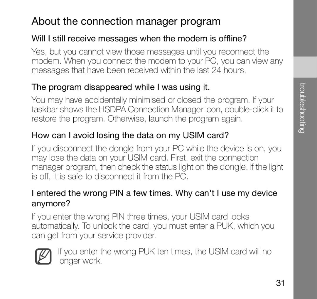 Samsung SGH-Z810 user manual About the connection manager program, Will I still receive messages when the modem is offline? 