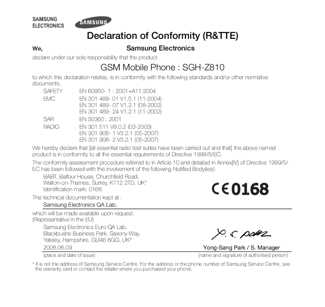 Samsung user manual Declaration of Conformity R&TTE, GSM Mobile Phone SGH-Z810 