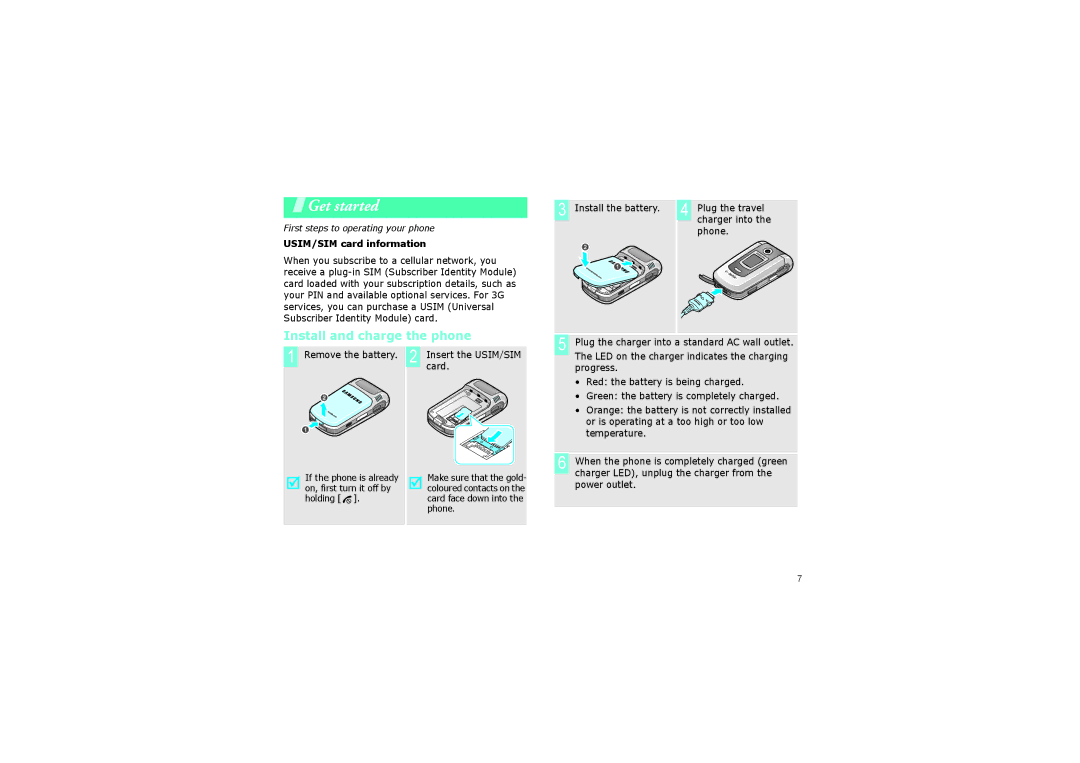 Samsung SGH-ZM60ASMCRO, SGH-ZM60ZWMCRO, SGH-ZM60BKMCRO Get started, Install and charge the phone, USIM/SIM card information 