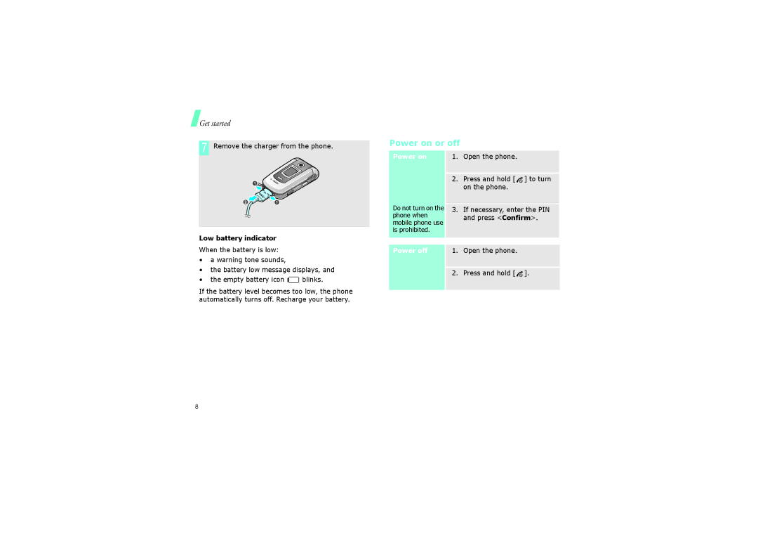 Samsung SGH-ZM60ZWMCRO, SGH-ZM60ASMCRO manual Power on or off, Remove the charger from the phone, Low battery indicator 