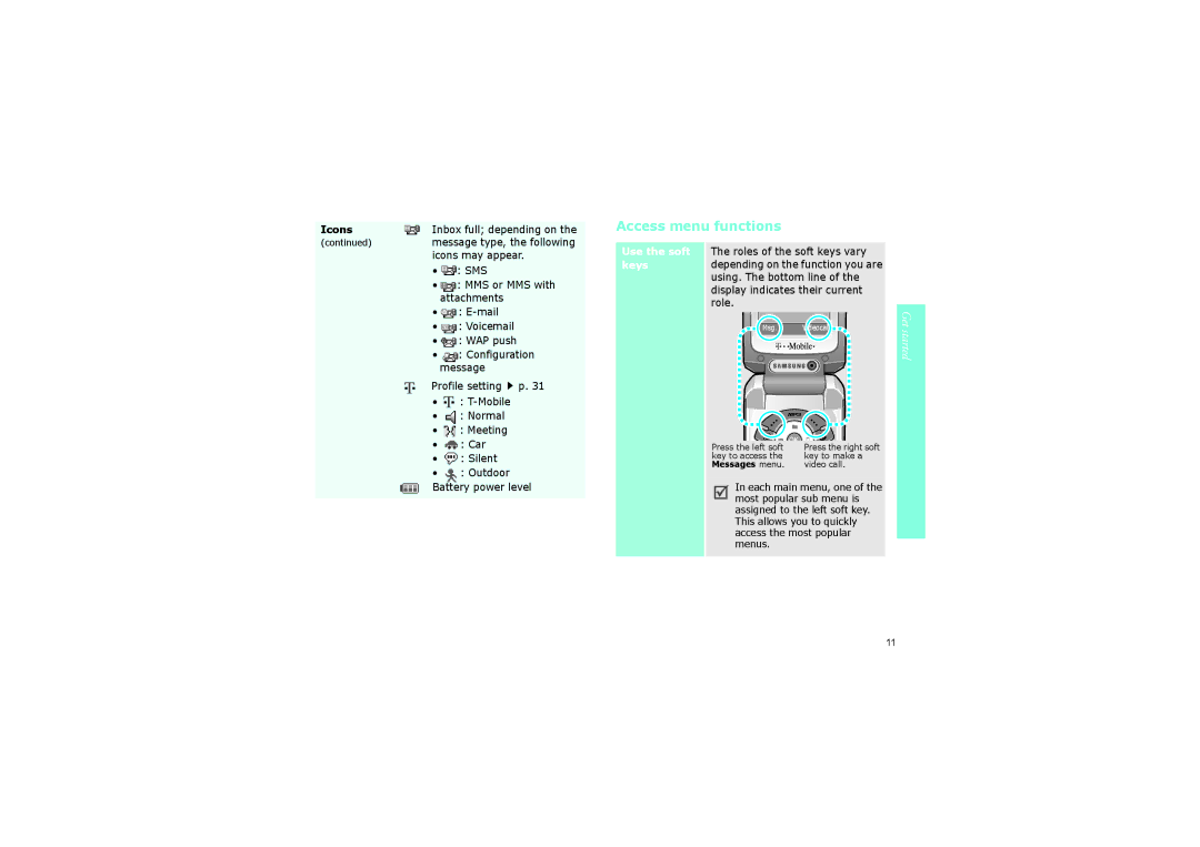 Samsung SGH-ZM60ZKMCRO, SGH-ZM60ASMCRO, SGH-ZM60ZWMCRO, SGH-ZM60BKMCRO manual Access menu functions, Icons may appear 