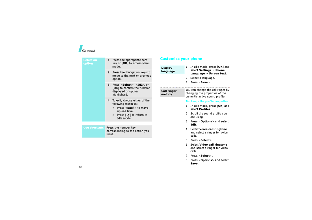 Samsung SGH-ZM60ASMCRO, SGH-ZM60ZWMCRO, SGH-ZM60BKMCRO manual Customise your phone, Display language, Call ringer melody 