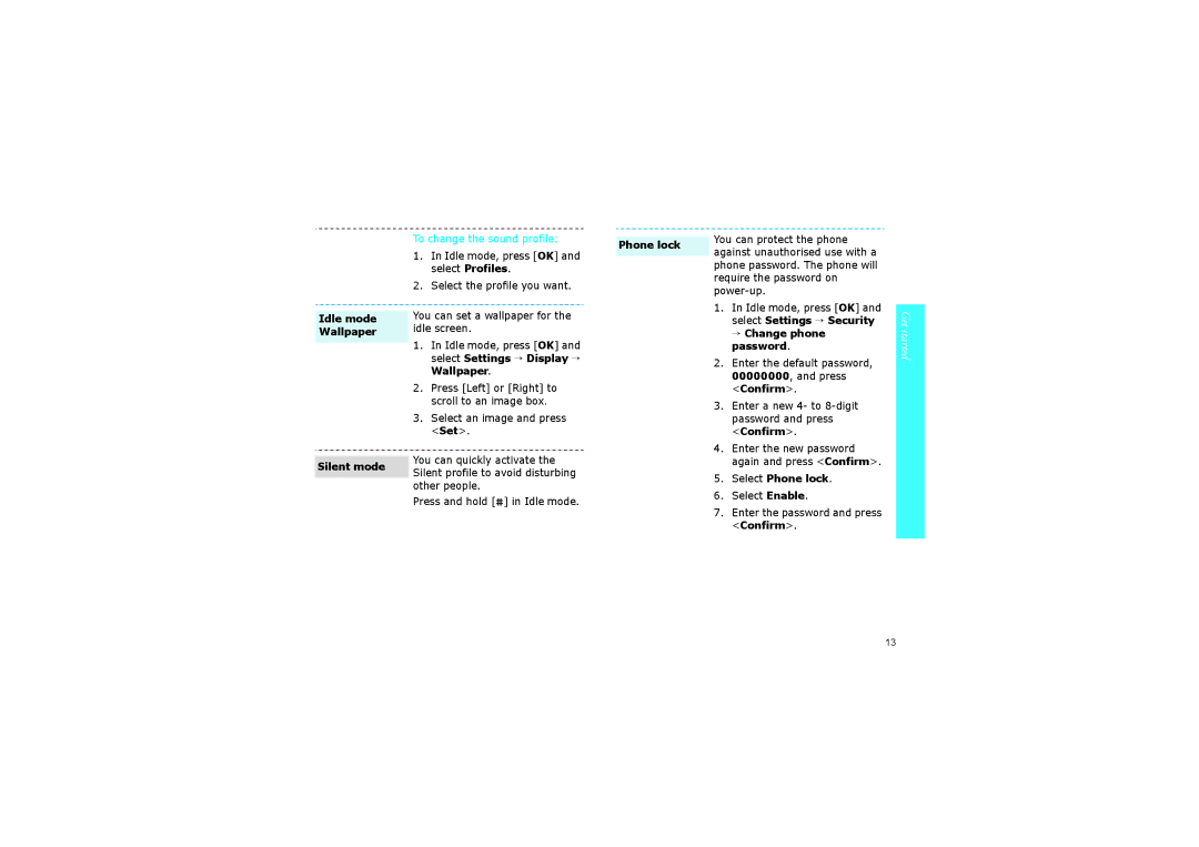 Samsung SGH-ZM60ZWMCRO manual Idle mode, Wallpaper, → Change phone, Password, Confirm, Silent mode, Select Phone lock 