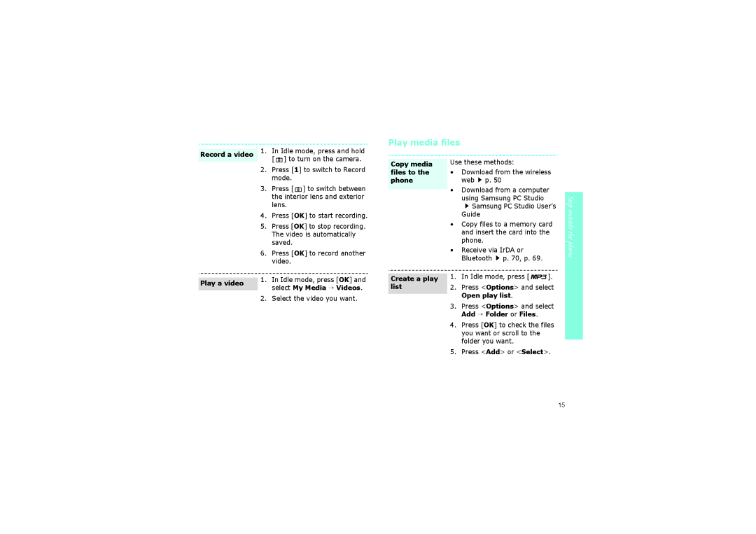 Samsung SGH-ZM60ABMCRO manual Play media files, Step outside the phone, Record a video, Play a video, Create a play list 